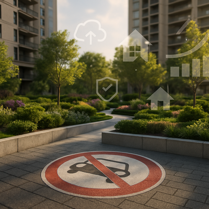 Vehicle-free podium design improving safety, air quality, amenities, and residential property value