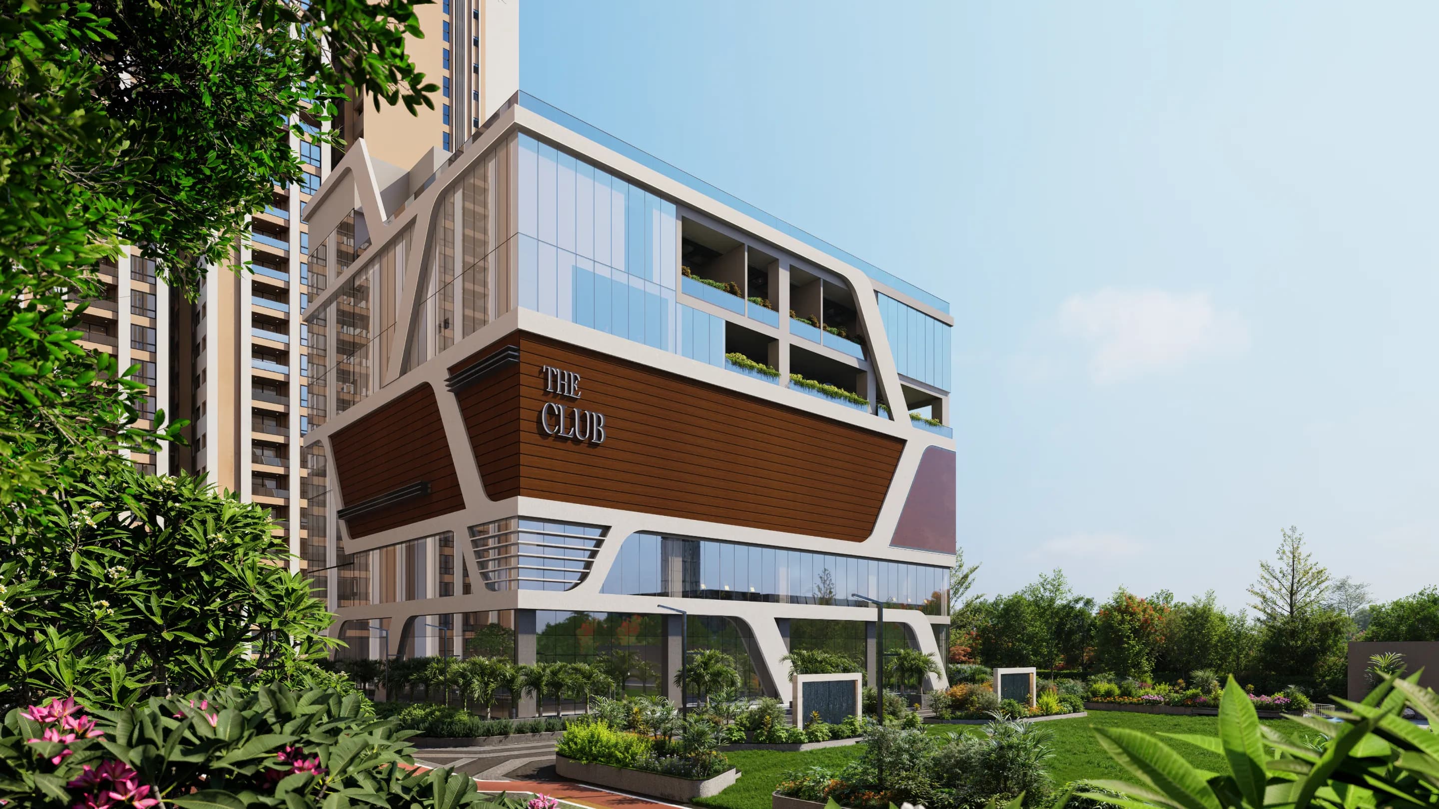 Clubhouse facade and landscaping