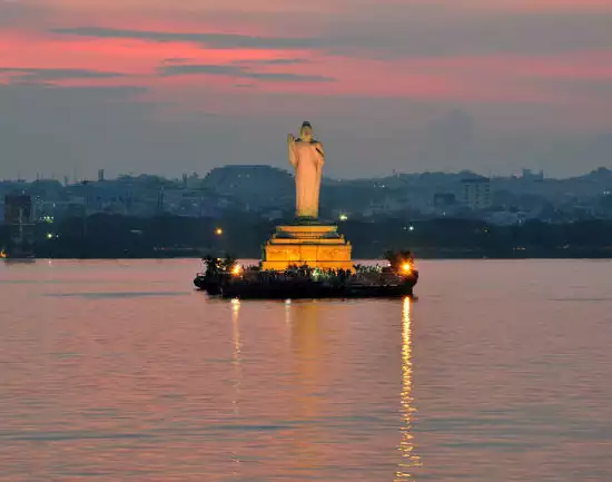The iconic Buddha statue at Hussain Sagar Lake, a central landmark of the city.